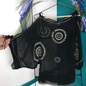 Free People Black Sheer Camisole with White Floral Accents